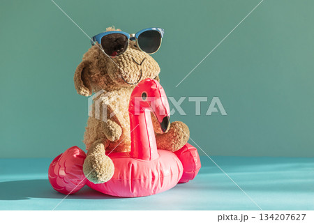 Knitted Plush Sheep in Sunglasses on Pink Flamingo Float Against Blue Background. Front view Knitted Plush Sheep in Sunglasses on Pink Flamingo Float Against Blue Background. Front view 134207627