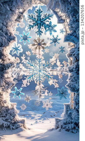 charming illustration with freezing huge mystical window adorned intricate details, snowing forest and huge snowflakes. Ai generated charming illustration with freezing huge mystical window adorned intricate details, snowing forest and huge snowflakes. Ai generated 134207656