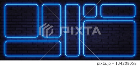 Blue neon frames with rounded corners glowing on a dark brick wall. Futuristic tech layout perfect for digital banners, UI design, or sci-fi backgrounds. 134208058
