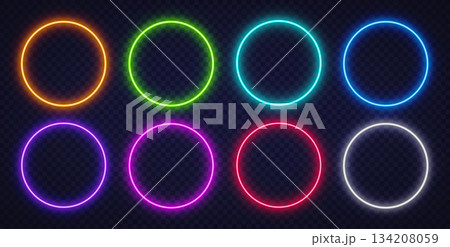 Set of glowing neon circles in vibrant colors on a transparent background. Modern light design perfect for digital art, badges, and futuristic layouts. Set of glowing neon circles in vibrant colors on a transparent background. Modern light design perfect for digital art, badges, and futuristic layouts. 134208059