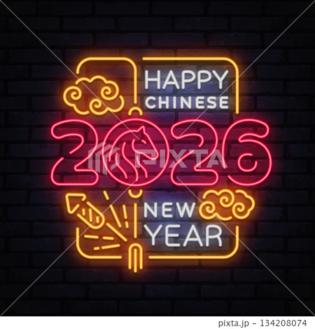 Festive neon greeting for Chinese New Year 2026 with glowing horse symbol and fireworks. Bright and celebratory composition for seasonal design. Festive neon greeting for Chinese New Year 2026 with glowing horse symbol and fireworks. Bright and celebratory composition for seasonal design. 134208074