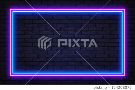 Double neon frame in pink and blue glowing on a dark brick wall. A bright retro-futuristic background ideal for ads, music visuals, or modern designs. 134208076
