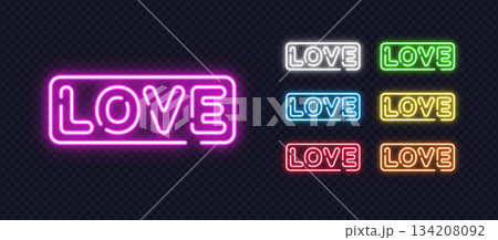 Bright neon typography LOVE in a series of color options, ideal for romance, emotions or festive graphics. 134208092