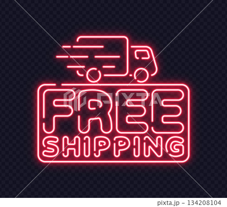 Glowing neon truck icon with free shipping message in frame. Vibrant sign for online store offers or logistics promo. Glowing neon truck icon with free shipping message in frame. Vibrant sign for online store offers or logistics promo. 134208104
