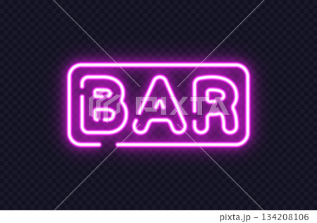A bright neon bar sign glows with vibrant pink light, creating a lively mood. Its soft shine adds a modern and stylish atmosphere. 134208106