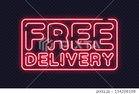 Bright neon label showing free delivery message on dark background. Eye-catching glowing ad for fast shipping promotions. Bright neon label showing free delivery message on dark background. Eye-catching glowing ad for fast shipping promotions. 134208109