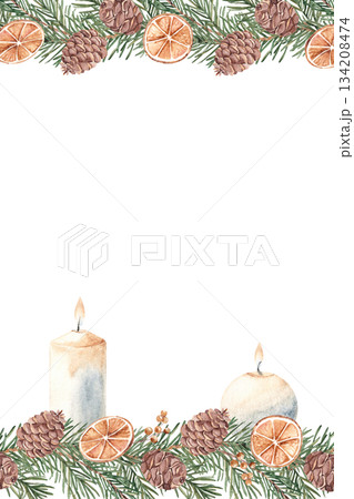 Winter, Christmas square vertical Frame, Border. Winter plants, dried orange slices and candles. Hand drawn Botanical cozy home illustration in Rustic style. Perfect as Card or Poster Template. Winter, Christmas square vertical Frame, Border. Winter plants, dried orange slices and candles. Hand drawn Botanical cozy home illustration in Rustic style. Perfect as Card or Poster Template. 134208474