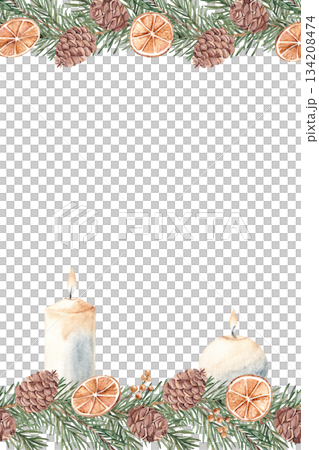 Winter, Christmas square vertical Frame, Border. Winter plants, dried orange slices and candles. Hand drawn Botanical cozy home illustration in Rustic style. Perfect as Card or Poster Template. Winter, Christmas square vertical Frame, Border. Winter plants, dried orange slices and candles. Hand drawn Botanical cozy home illustration in Rustic style. Perfect as Card or Poster Template. 134208474