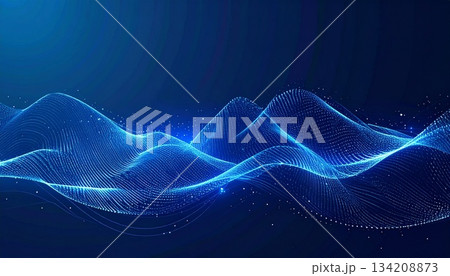 ネイビーからブルーへのグラデ背景に浮かぶ通貨シンボルの未来ホログラム 134208873