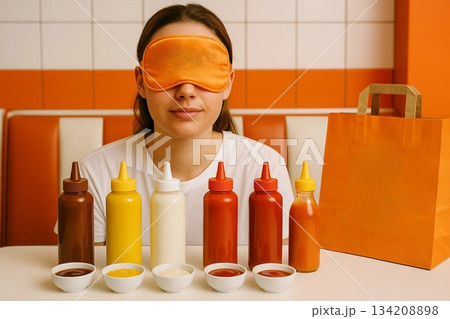 Woman Tasting Various Sauce Sets 134208898