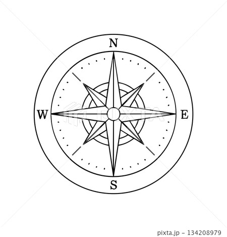 Minimal Black and White Compass Rose Line Design for Navigation and Direction Themes 134208979