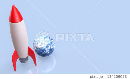 Colorful Rocket beside Earth Globe on Soft Blue Background 3d render. Colorful Rocket beside Earth Globe on Soft Blue Background 3d render. 134209038