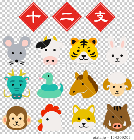 可愛的十二生肖動物臉部插畫集 134209205