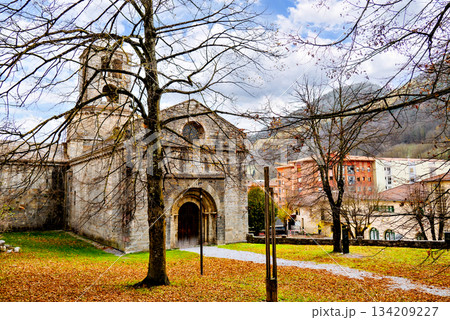 Exterior of the Monastery of Sant Pere de Camprodon in November with autumn leaves Exterior of the Monastery of Sant Pere de Camprodon in November with autumn leaves 134209227