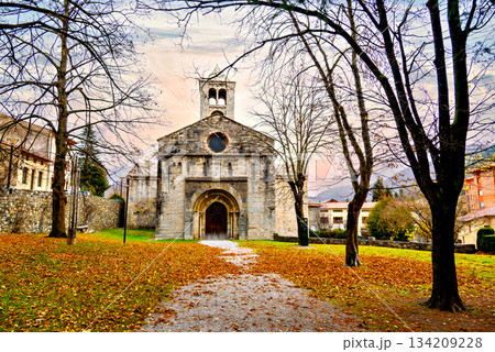 Exterior of the Monastery of Sant Pere de Camprodon in November with autumn leaves 134209228