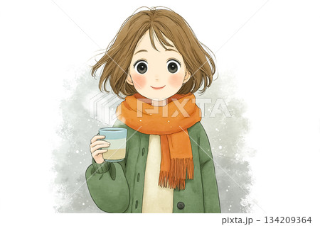 冬に手洗い後ホットドリンクを楽しむ女の子の絵本風イラスト 134209364