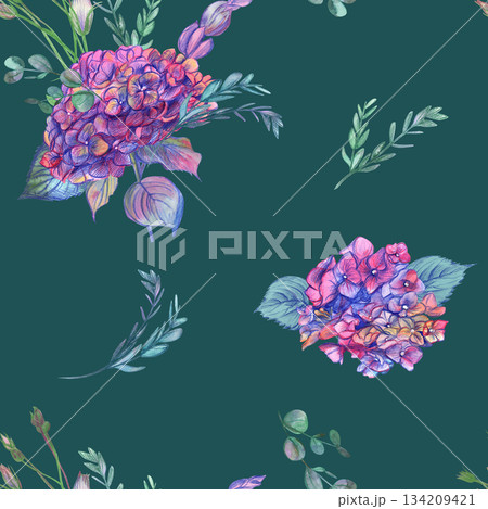 seamless pattern with pink hydrangea flowers drawn on a dark green background 134209421