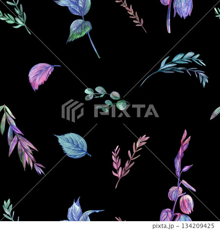 Seamless pattern with eucalyptus leaves and sprigs on a black background 134209425