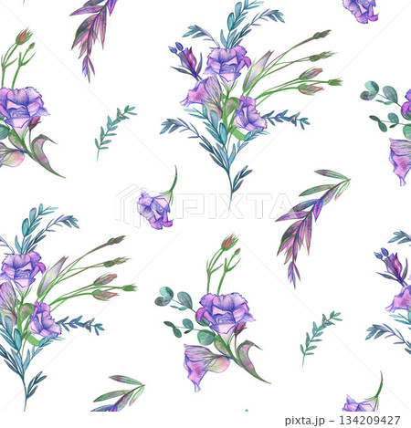 Seamless delicate pattern with watercolor eustoma flowers on a white background Seamless delicate pattern with watercolor eustoma flowers on a white background 134209427