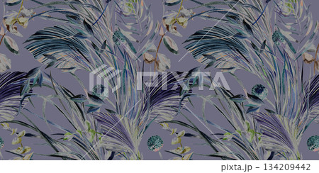 A seamless botanical pattern painted in watercolor with plants for textiles A seamless botanical pattern painted in watercolor with plants for textiles 134209442