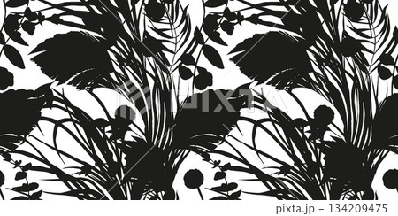 Print Seamless pattern with plant silhouettes and herbs. for textiles Print Seamless pattern with plant silhouettes and herbs. for textiles 134209475