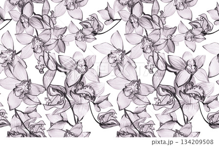 An elegant, delicate seamless pattern with orchids painted with watercolors and pencils in light pastel shades. 134209508