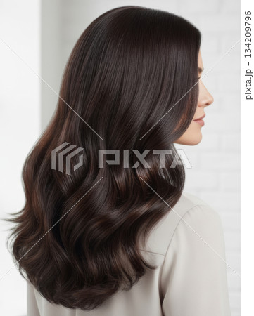 A striking rear view of a woman with beautiful hair dyed a vibrant dark brown color. 134209796