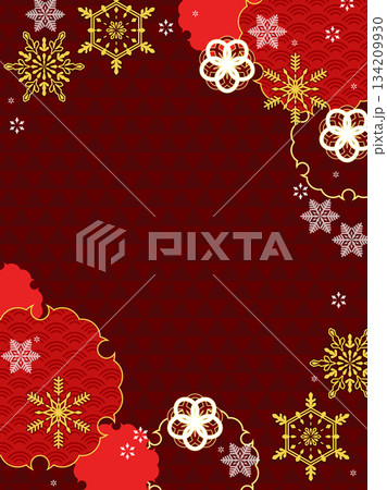 年賀風、赤と金の雪もよう背景・縦型テンプレート 134209930