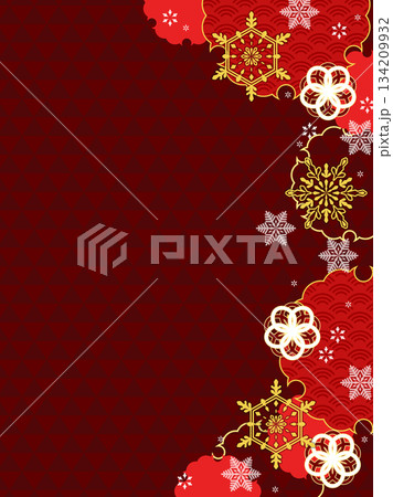 年賀風、赤と金の雪もよう背景・縦型テンプレート 134209932