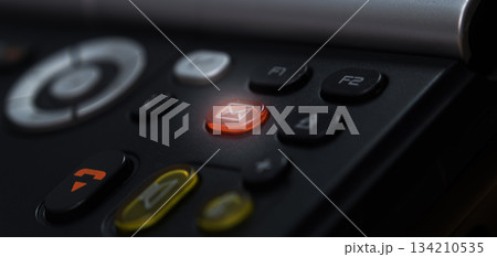 Red call button on push-button phone. High quality photo 134210535