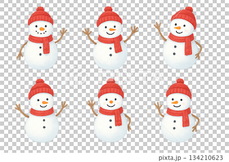 一組6張可愛的水彩雪人插圖 134210623