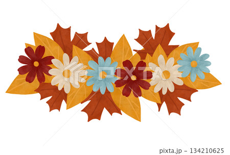 Watercolor composition with simple flowers and leaves in autumn colors, isolated. A festive design element in flat and pastel shades of red, orange, yellow, blue, and beige. Children's drawings 134210625