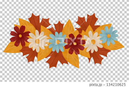 Watercolor composition with simple flowers and leaves in autumn colors, isolated. A festive design element in flat and pastel shades of red, orange, yellow, blue, and beige. Children's drawings 134210625