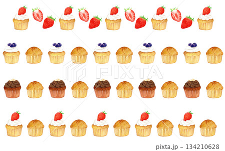手描き水彩のカップケーキ4本セット｜いちご・ブルーベリー・チョコレートの可愛いスイーツイラスト 134210628