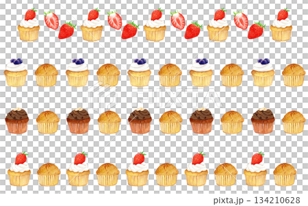 手描き水彩のカップケーキ4本セット｜いちご・ブルーベリー・チョコレートの可愛いスイーツイラスト 134210628