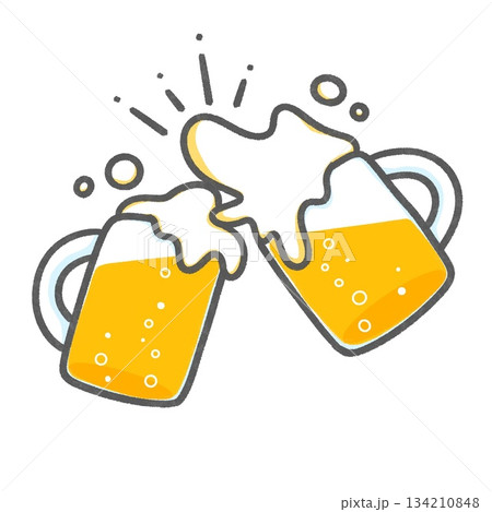 ビールイラスト素材|泡が弾ける乾杯シーン ビールイラスト素材|泡が弾ける乾杯シーン 134210848