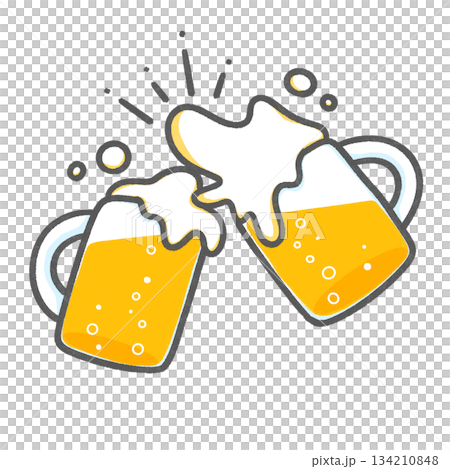ビールイラスト素材|泡が弾ける乾杯シーン ビールイラスト素材|泡が弾ける乾杯シーン 134210848
