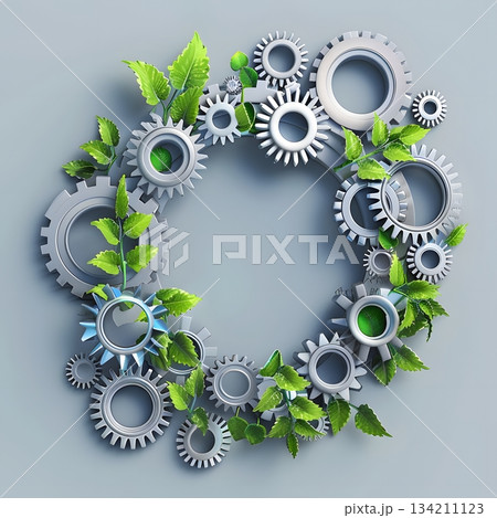 歯車と緑の葉がつながるサステナブル・エンジニアリングの象徴イラスト 134211123