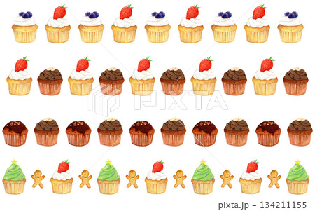 手描き水彩のカップケーキ4本セット｜いちご・ブルーベリー・チョコ・クリスマスデコレーションの可愛いス 134211155