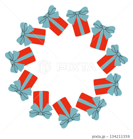 Vector illustration of a circular frame made of red and blue gift boxes tied with ribbons. A festive Christmas border perfect for holiday cards, labels, packaging, and seasonal graphic design. 134211359