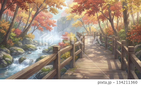 秋の晴れた日、観光地の滝壺へ続く木製遊歩道と紅葉の自然風景 134211360