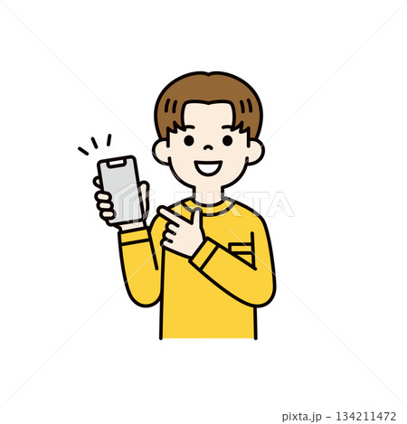 スマートフォンの画面を指差す、若い男性・男子学生の上半身ベクターイラスト素材_カラー スマートフォンの画面を指差す、若い男性・男子学生の上半身ベクターイラスト素材_カラー 134211472