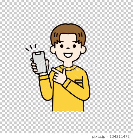 スマートフォンの画面を指差す、若い男性・男子学生の上半身ベクターイラスト素材_カラー スマートフォンの画面を指差す、若い男性・男子学生の上半身ベクターイラスト素材_カラー 134211472