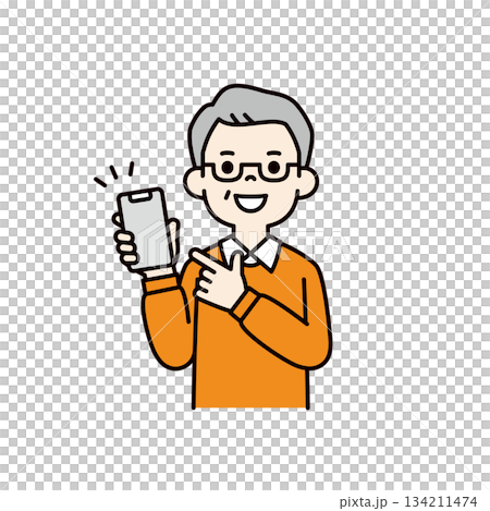 Pointing at the smartphone screen, middle-aged man/grandfather upper body vector illustration material_color 134211474