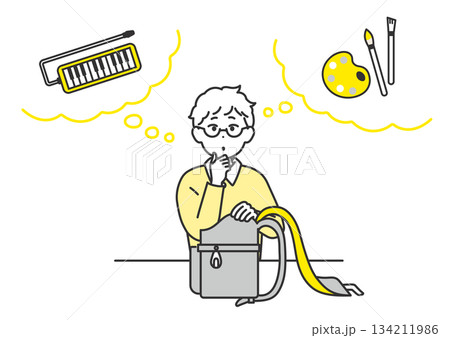 翌日の学校の持ち物を思い出そうとしている男の子のイメージイラスト 翌日の学校の持ち物を思い出そうとしている男の子のイメージイラスト 134211986