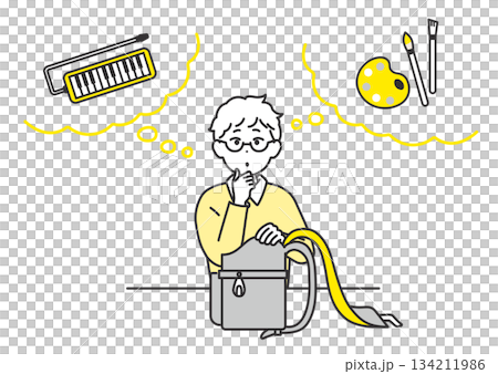 翌日の学校の持ち物を思い出そうとしている男の子のイメージイラスト 翌日の学校の持ち物を思い出そうとしている男の子のイメージイラスト 134211986
