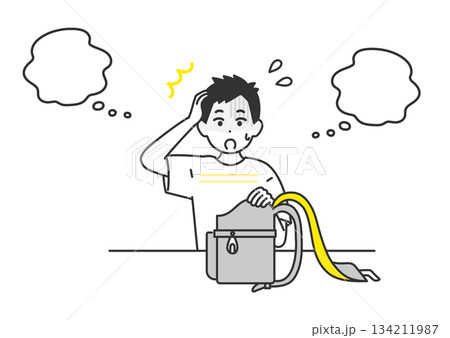 翌日の持ち物を忘れてしまい、困っている男の子のイメージイラスト 翌日の持ち物を忘れてしまい、困っている男の子のイメージイラスト 134211987
