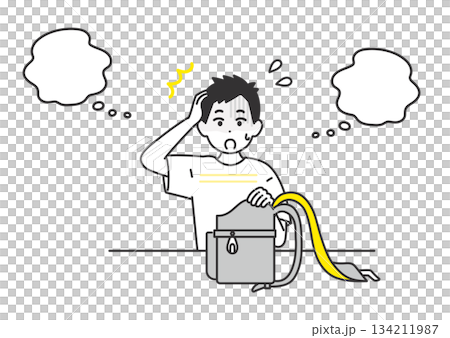 翌日の持ち物を忘れてしまい、困っている男の子のイメージイラスト 翌日の持ち物を忘れてしまい、困っている男の子のイメージイラスト 134211987