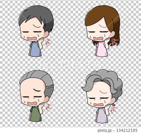 一組4張描繪下顎疼痛患者的插圖 134212185