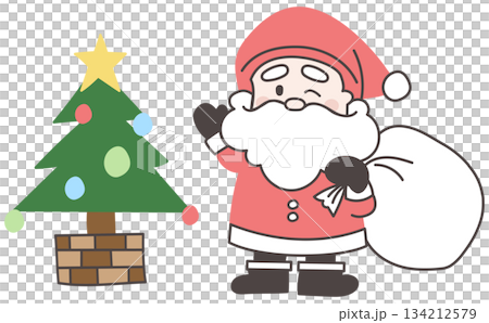 Cute and deformed hand-drawn illustration of Santa Claus and Christmas tree Cute and deformed hand-drawn illustration of Santa Claus and Christmas tree 134212579